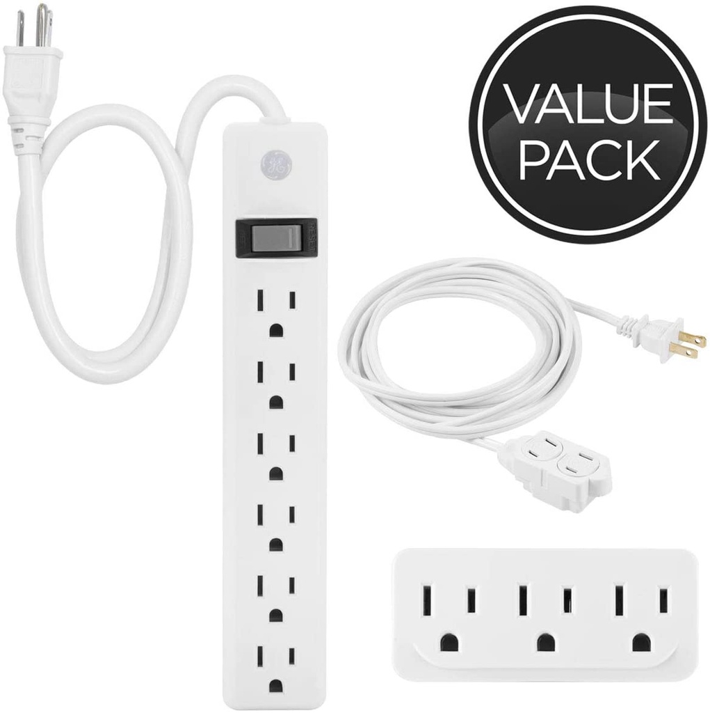 GE Power Value Pack, 12 Outlet Power Strip| Extension Cord| Wall Tap