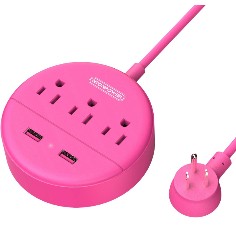 NTONPOWER Flat Plug P/Strip 3 Outlets 2 USB Ports, 5ft Cord, Pink