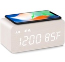 MOSITO Digital Wooden Alarm Clock with Wireless Charging (White)