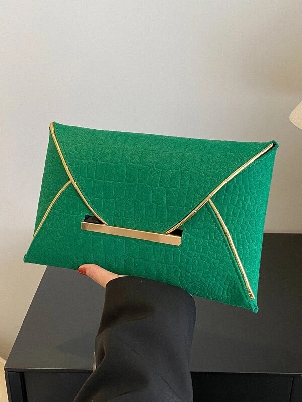 Crocodile Embossed Contrast Binding Envelope Bag - Green
