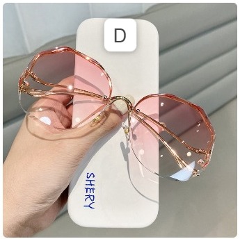 Retro Irregular Round Gradient Sunglasses Women Rimless Metal Curved : D, clear pink