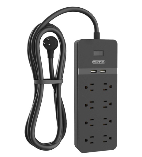 NTONPOWER Surge Protector 25ft, 8 Outlet with 2 USB Ports, 15A Circuit Breaker, Black