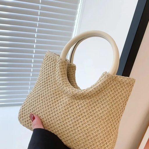[sg2302094427131864] Minimalist Double Handle Straw Bag - Khaki
