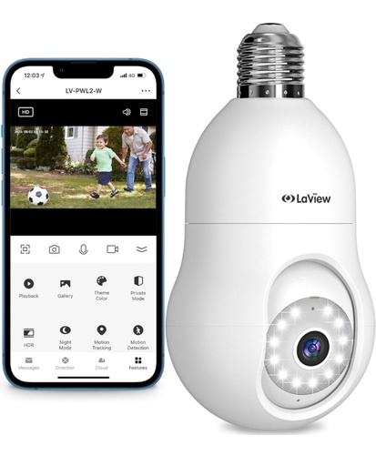 LaView 4MP Bulb Security Camera 2.4GHz,360° 2K Security Cameras Wireless - White