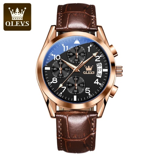 OLEVS Luxury Men's Watches Brown Leather - Black Dial